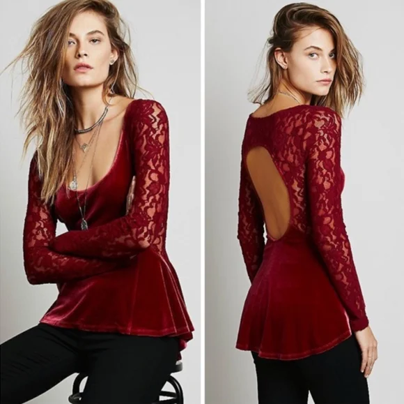 Free People Lolita Velvet Lace Peplum Top - Picture 1 of 8